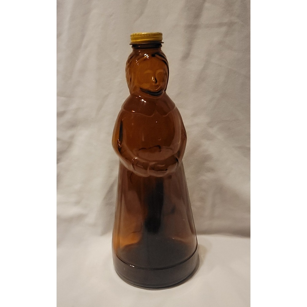 Vintage Mrs Butterworth Syrup Amber 32 oz Glass Bottle 11" Yellow Metal Cap 1978